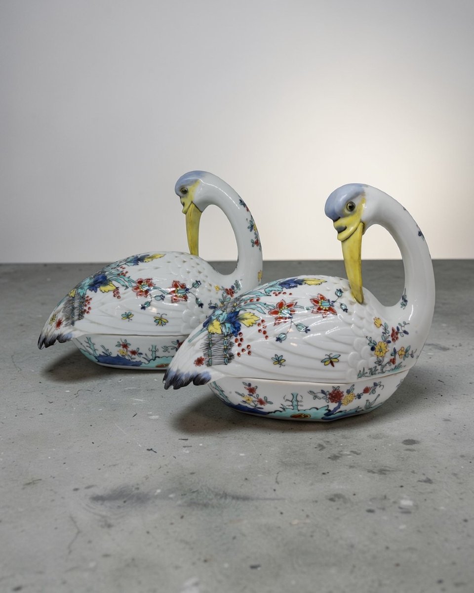 Samson - Coppia Di Cigni in Porcellana Policroma - Francia Inizio XX Secolo -photo-3